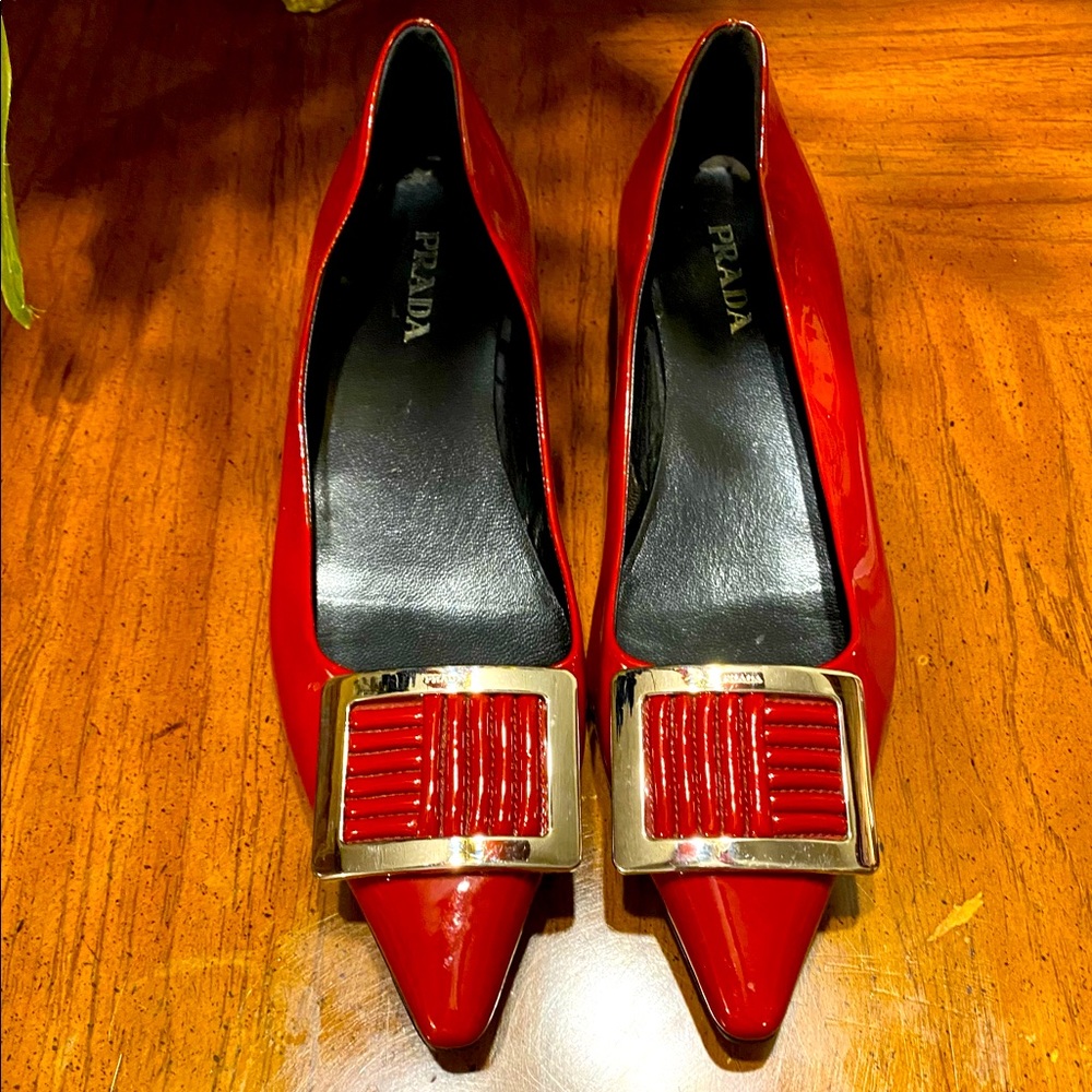 PRADA Deep Red Patent Leather Flat Pointed Toe Shoes